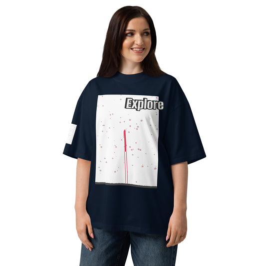 Woman wearing a navy blue t-shirt with a white graphic and 'Explore' text on a white background
