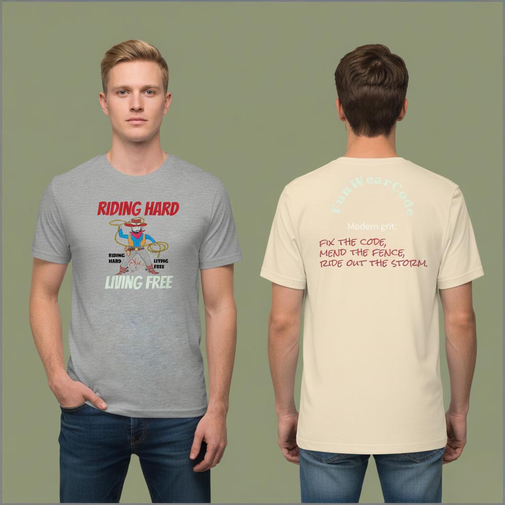 Two person wearing a gray t-shirt with a  cowboy graphic and text, standing against a plain background