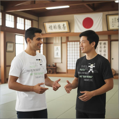 Two men wearing t-shirts with playful judo graphic design and text, shaking hands in a martial arts dojo with a Japanese flag in the background.