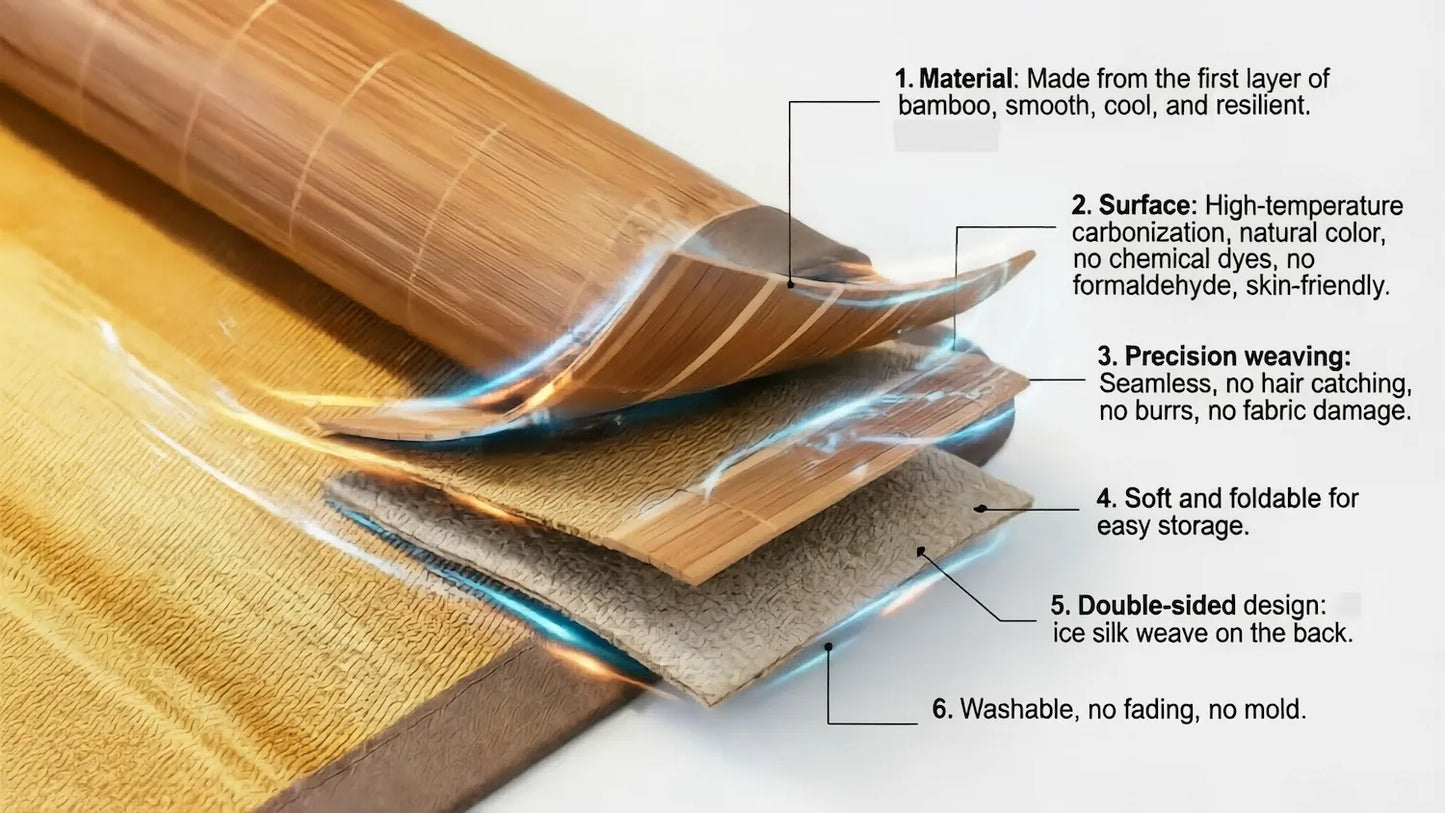 Bamboo mat with text detailing its features on a white background