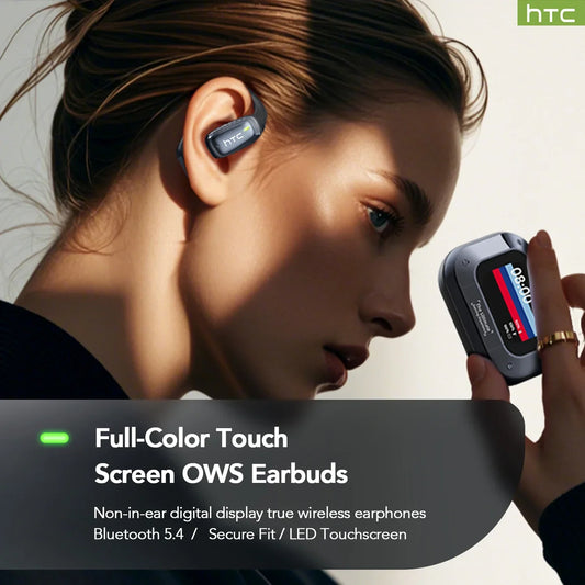 Woman wearing HTC earbuds with a digital display, featuring the HTC logo.