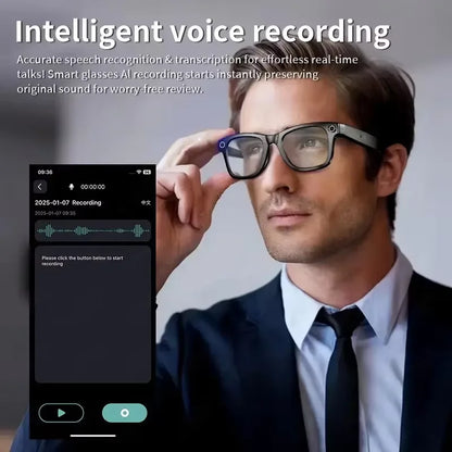 Man wearing smart glasses with an app interface on a smartphone displaying intelligent voice recording features.