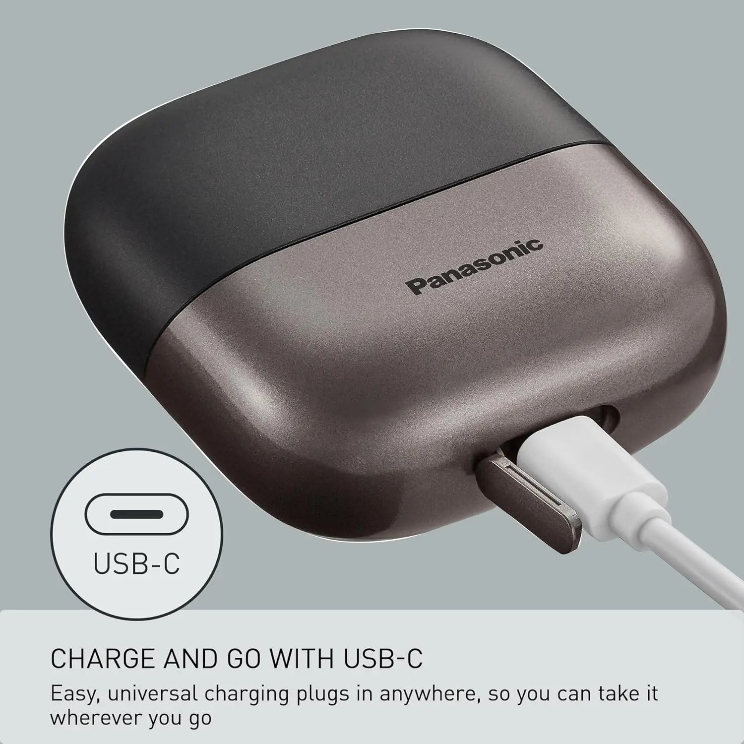 Panasonic electronic device with USB-type C charging cable on a gray background