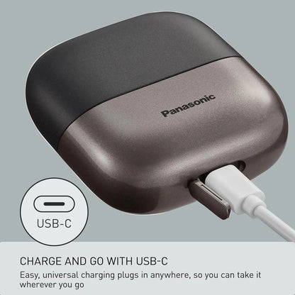 Panasonic electronic device with USB-type C charging cable on a gray background