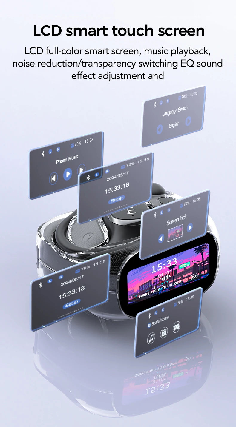 Auriculares deportivos inalámbricos con traductor de IA: pantalla táctil a todo color y batería de larga duración.
 Selección de FunWearCode