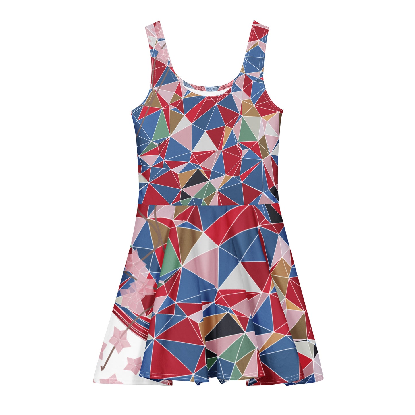 Colorful geometric patterned dress on a white background