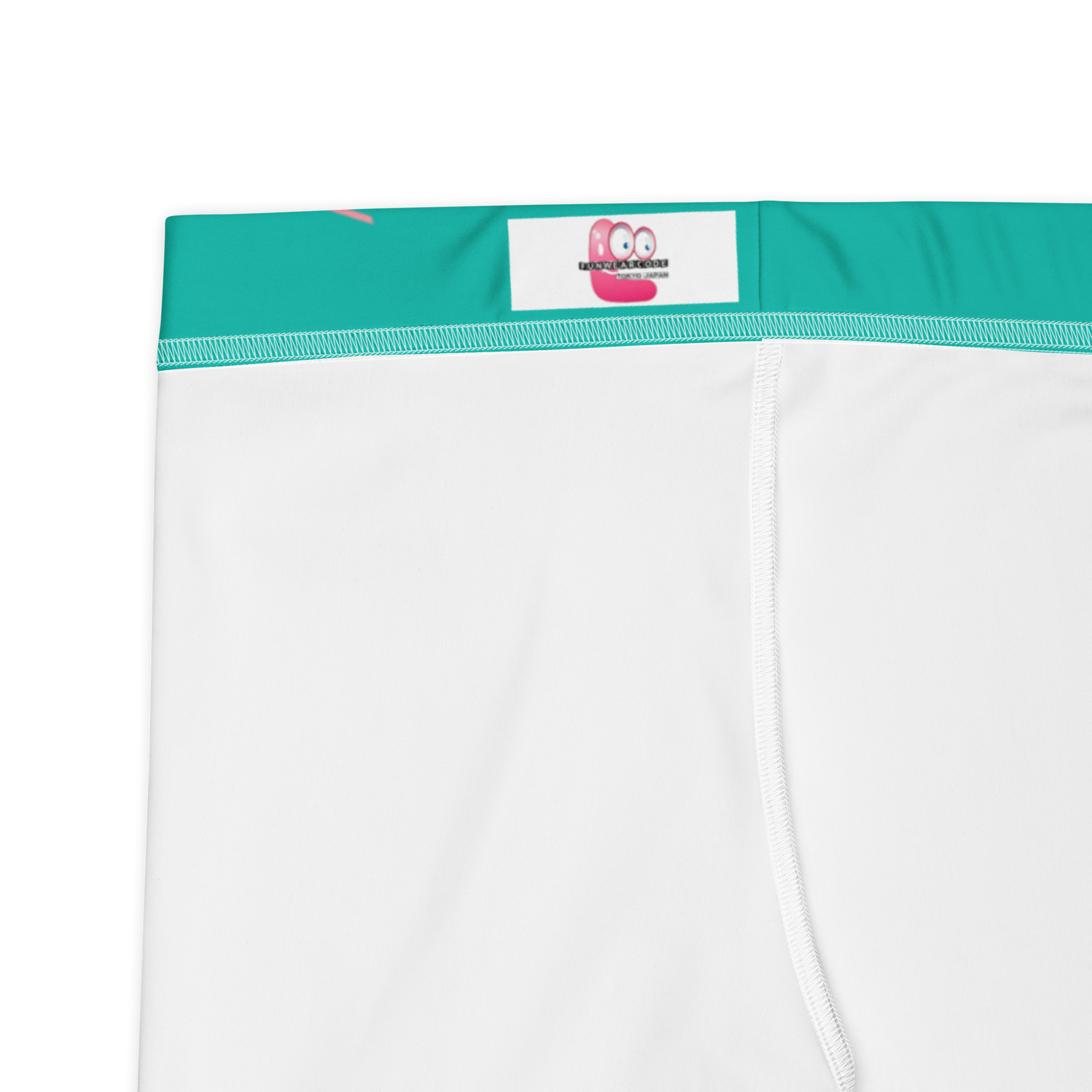 White athletic shorts with teal waistband and brand logo "Funwearcode" on a white background