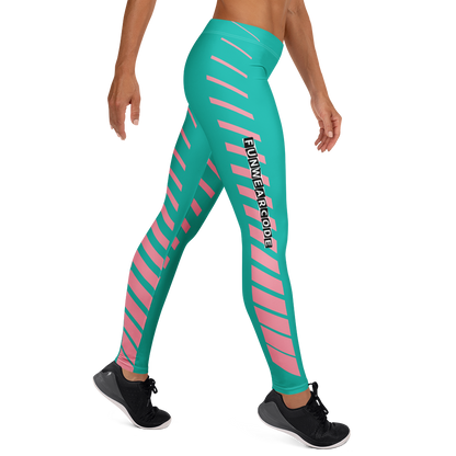 Teal and pink striped leggings with  "Funwearcode" branding on a white background