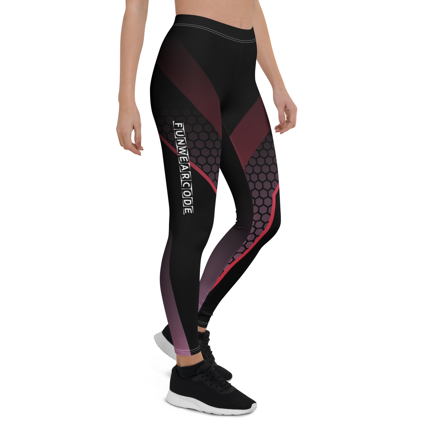Black and red leggings with geometric pattern and 'Funwear Code' branding on a white background
