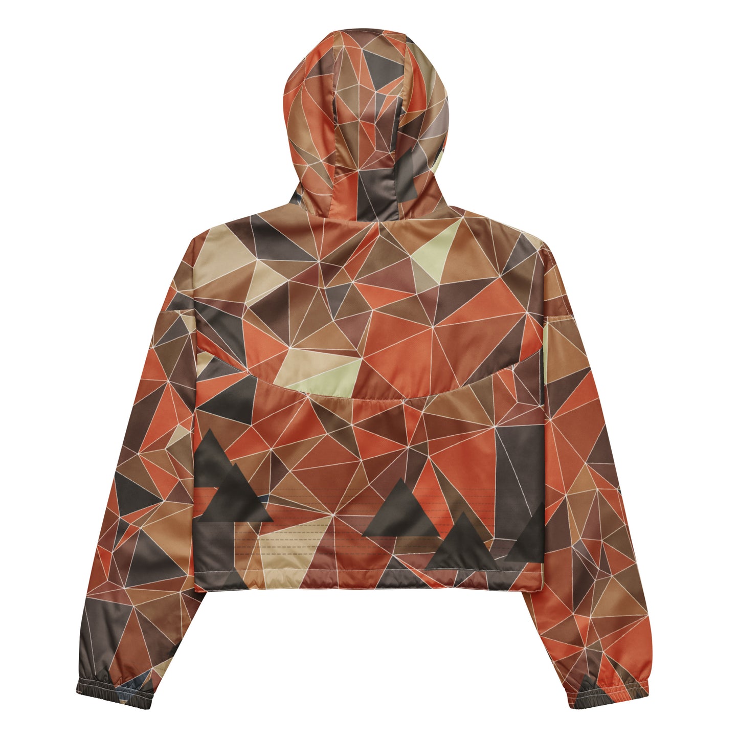 A cropped windbreaker jacket with geometric triangle pattern in brown, orange, and beige on a white background