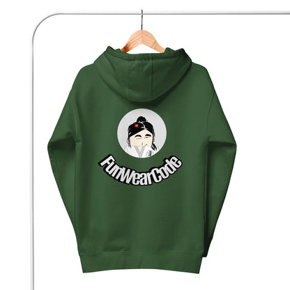 Green hoodie with a 'Fun Wear Code' logo and graphic on the back, hanging on a wooden hanger against a white background.