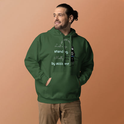 Man wearing a green hoodie with text on a brown background