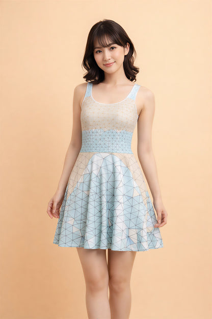 Woman wearing a sleeveless dress with geometric pattern on a beige background