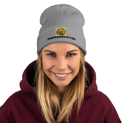 Person wearing a gray "FunWearCode" branding beanie with a logo and text, smiling against a white background