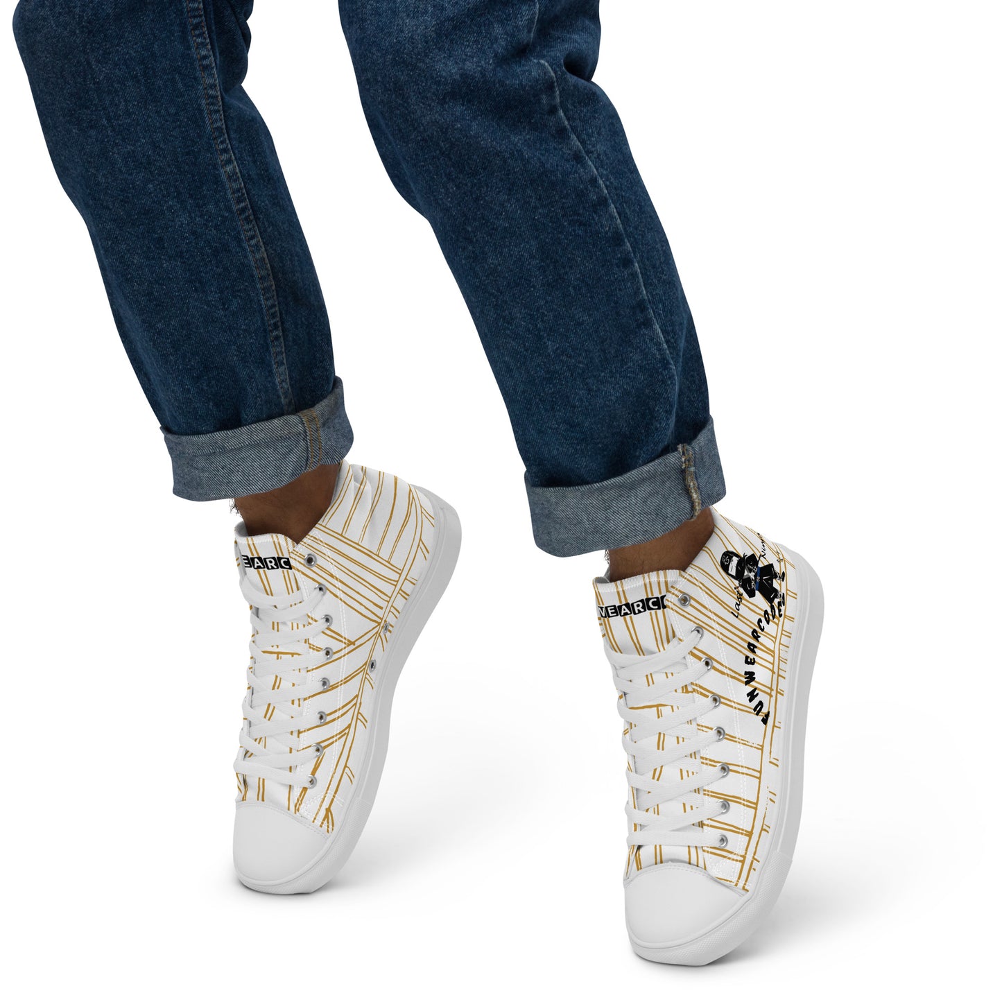 White high-top sneakers with a ninja graphic and 'Fun Wear Code' text logo, and with gold patterns worn with blue jeans on a white background