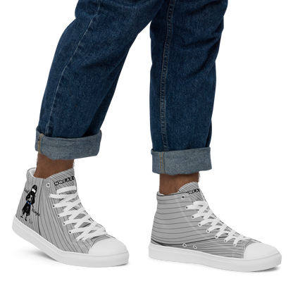 Gray stripe high-top sneakers with a playful ninja graphic design and white laces, featuring a text label 'Funwearcode' worn with rolled-up blue jeans on a white background