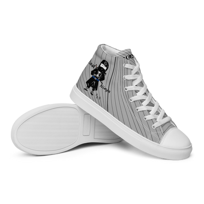 Gray stripe high-top sneakers with a playful ninja graphic design and white laces, featuring a text label 'Funwearcode' on a white background