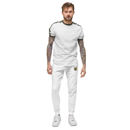 Man wearing a white 'Fun Wear Code' logo sports outfit with black accents on a white background