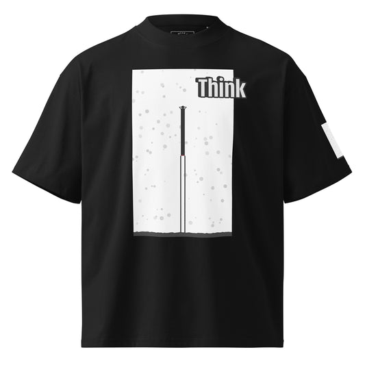 Black t-shirt with an abstract long-leg human graphic and 'Think' text on a white background