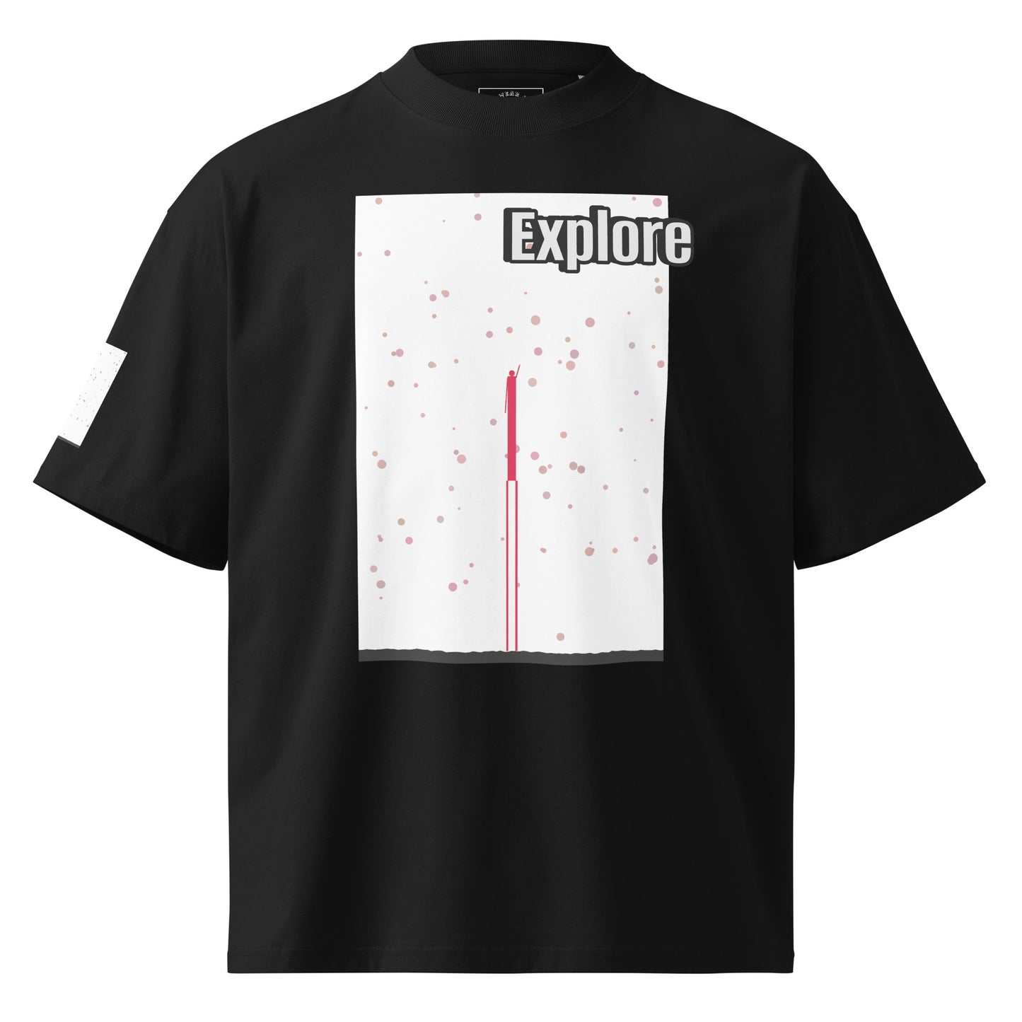 Black t-shirt with a white graphic and 'Explore' text on a white background