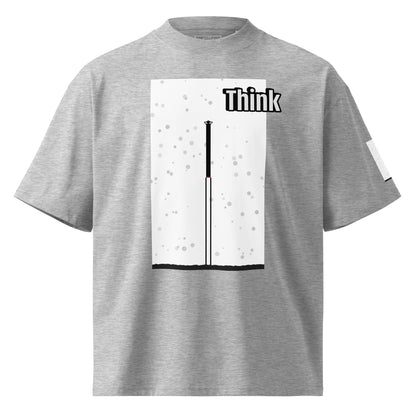 Gray t-shirt with an abstract long-leg human graphic and 'Think' text on a white background