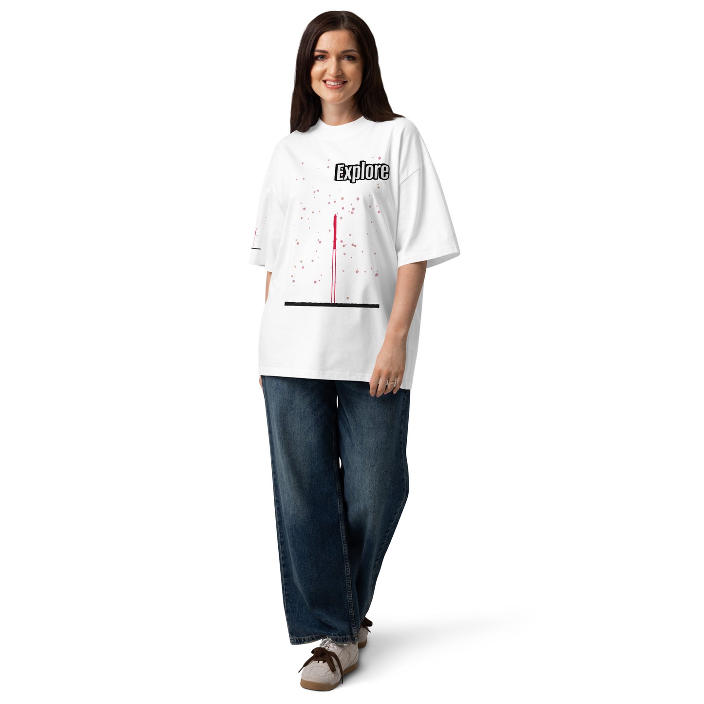 Woman wearing a white t-shirt with text and graphics on a white background