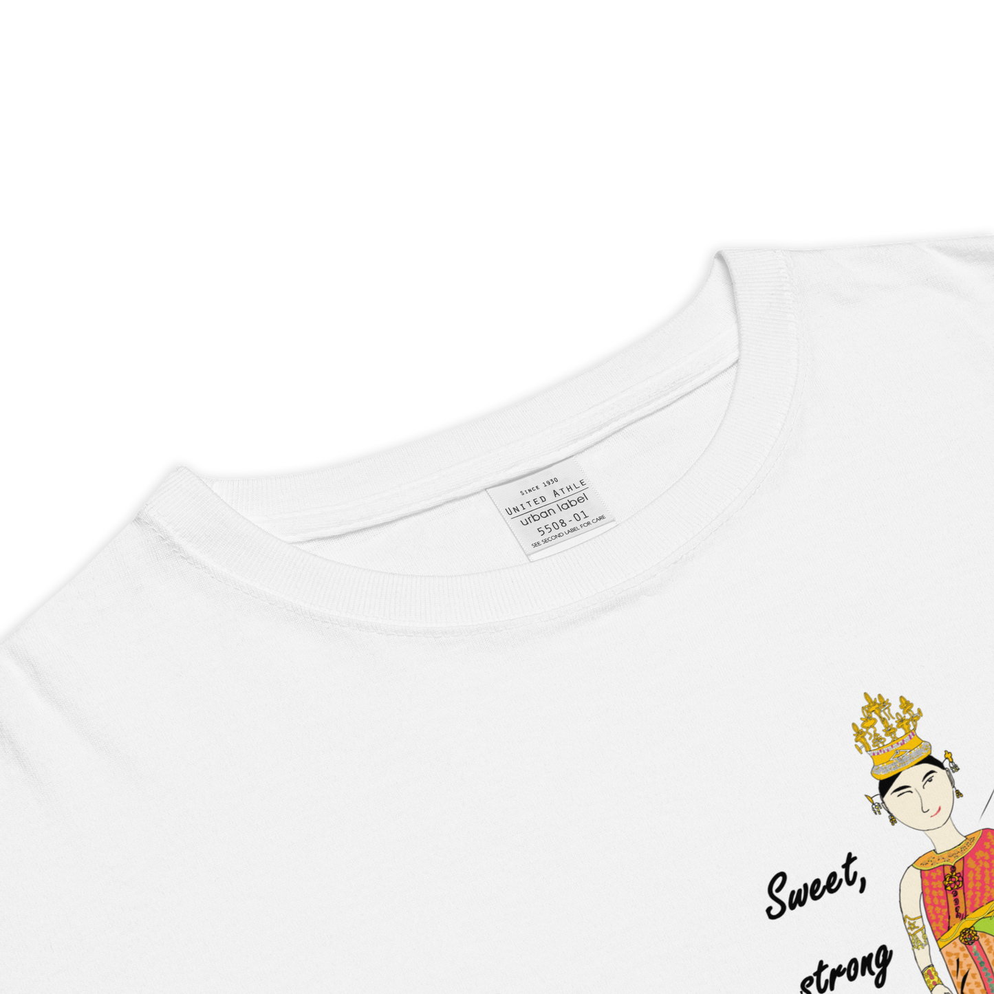 White t-shirt with a graphic design and text on a white background