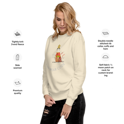 Woman wearing a cream sweatshirt with a Thai lady graphic design and text 'FUN WEAR CODE' on it, standing against a white background.