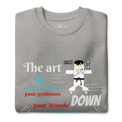 Folded gray 'Fun Wear Code' brand sweatshirt with a graphic and text about judo on a white background