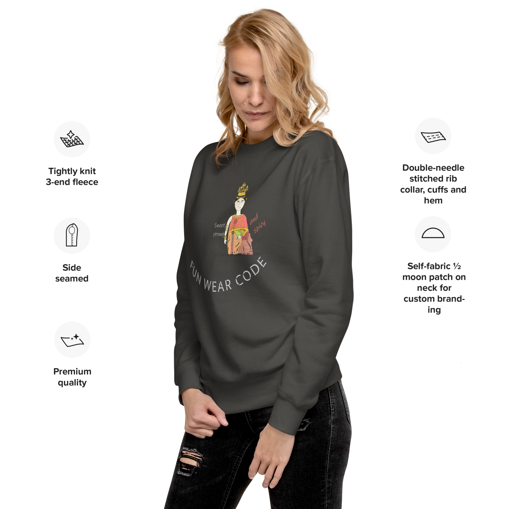 Woman wearing a black sweatshirt with a Thai lady graphic design and text 'FUN WEAR CODE' on a white background, featuring text about sweatshirt features.