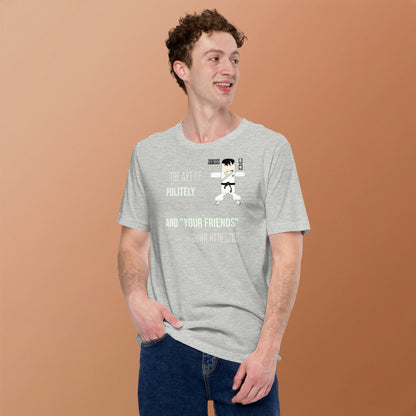 Man wearing a gray t-shirt with text and a playful judo graphic on a brown background