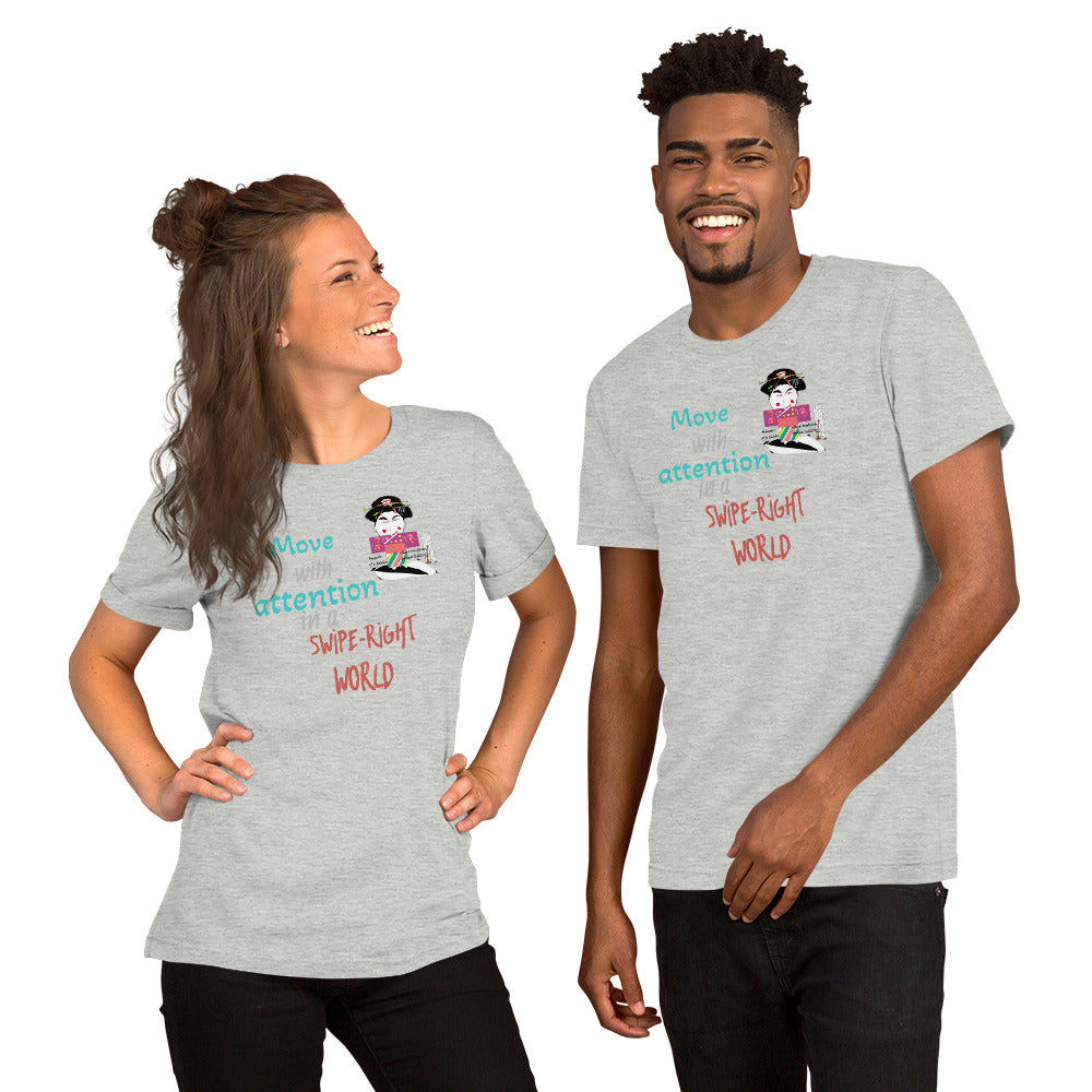 Two people wearing gray t-shirts with a playful geisha graphic and text on a white background