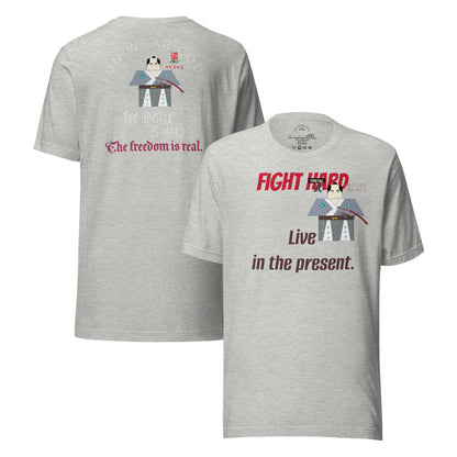 Gray t-shirt with a 'Fun Wear Code' text logo, samurai graphic design and motivational text on a white background