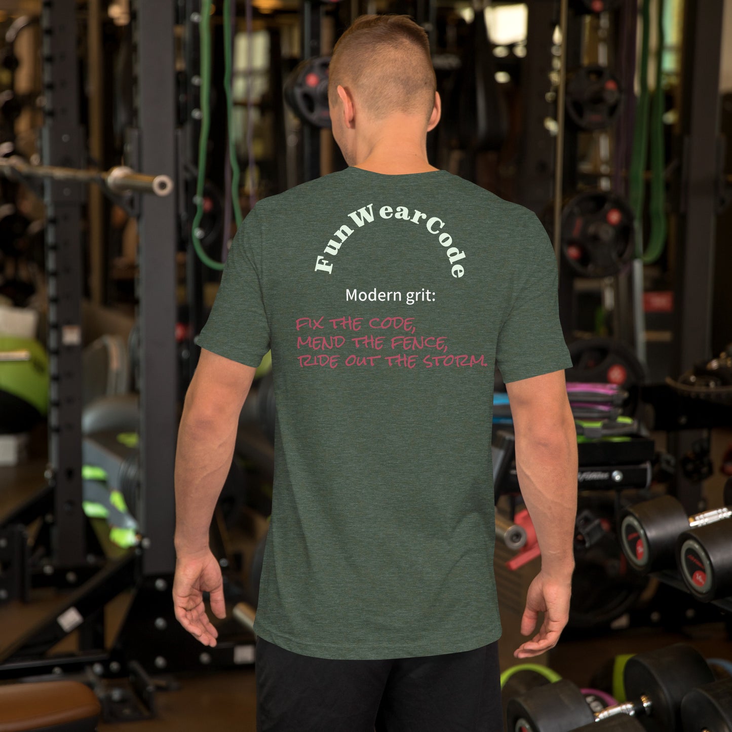 Person wearing a green t-shirt with a 'Fun Wear Code' text logo in a gym setting