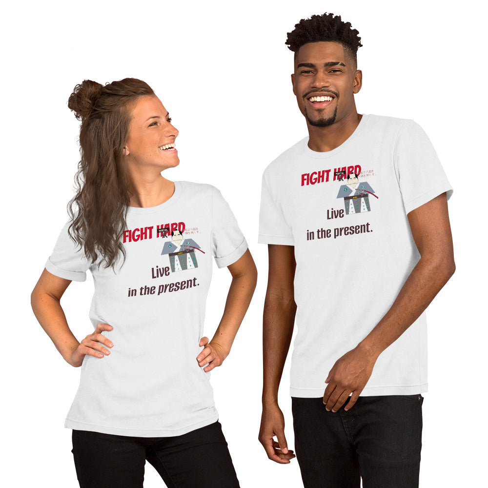 A couple wearing white t-shirts with  playful samurai graphics design and motivational quotes on a white background.