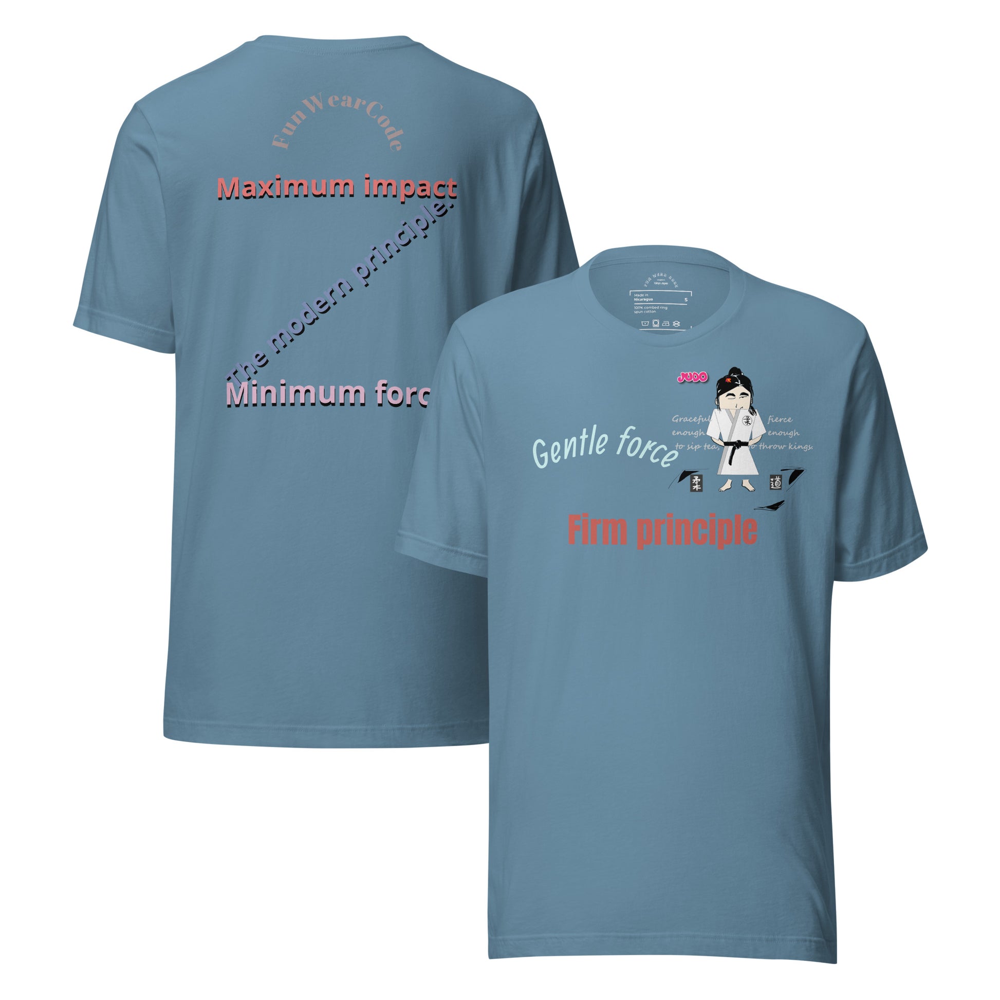 Blue t-shirt with martial arts-themed design on a white background