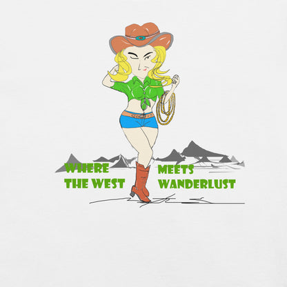Cartoon character in a cowboy outfit with mountains and text 'Where the West Meets Wanderlust' on a white background.