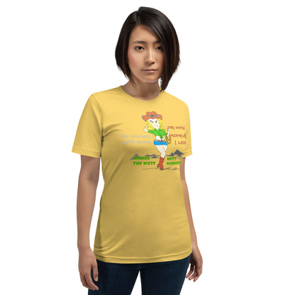 Person wearing a yellow t-shirt with a playful cowgirl graphic design and text on a white background