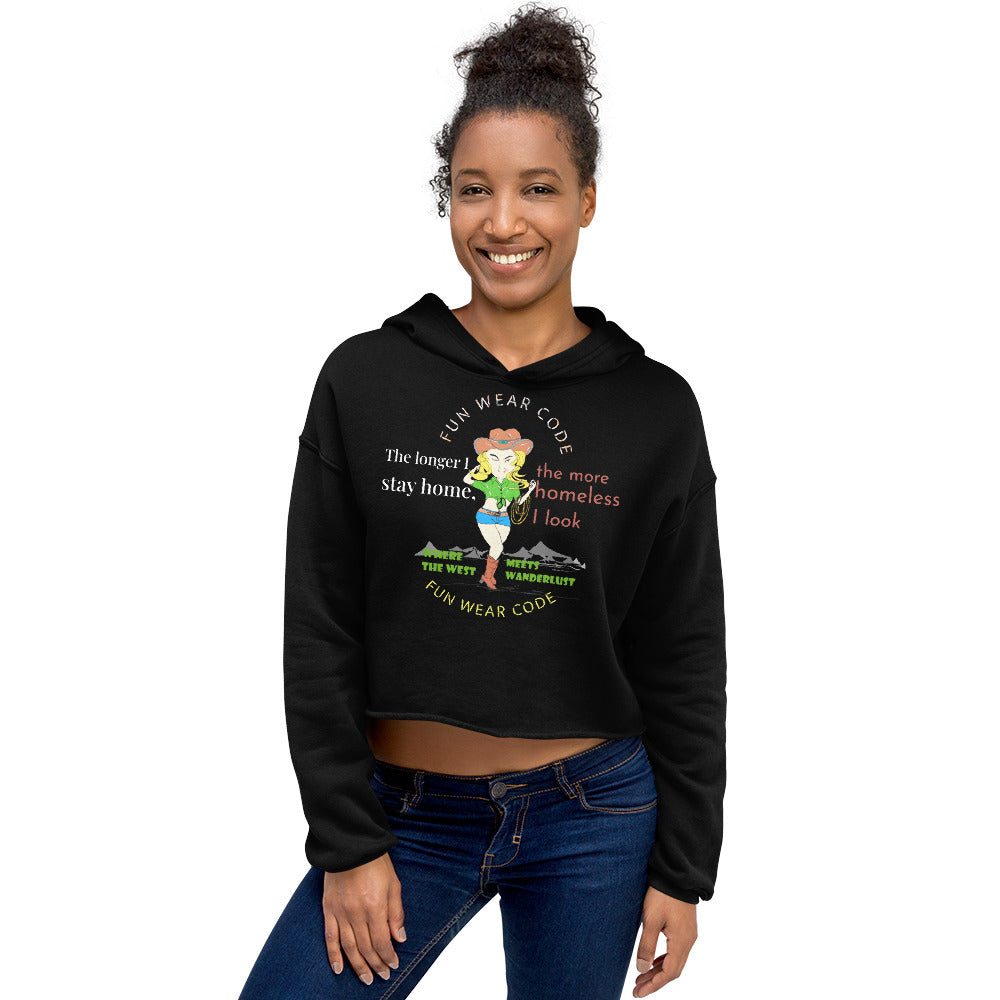 Woman wearing a 'Fun Wear Code' branded black hoodie with a cowgirl graphic design and text on a white background
