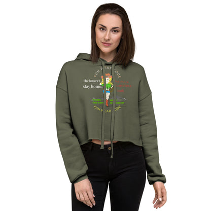 Woman wearing a green hoodie with a graphic design on a white background