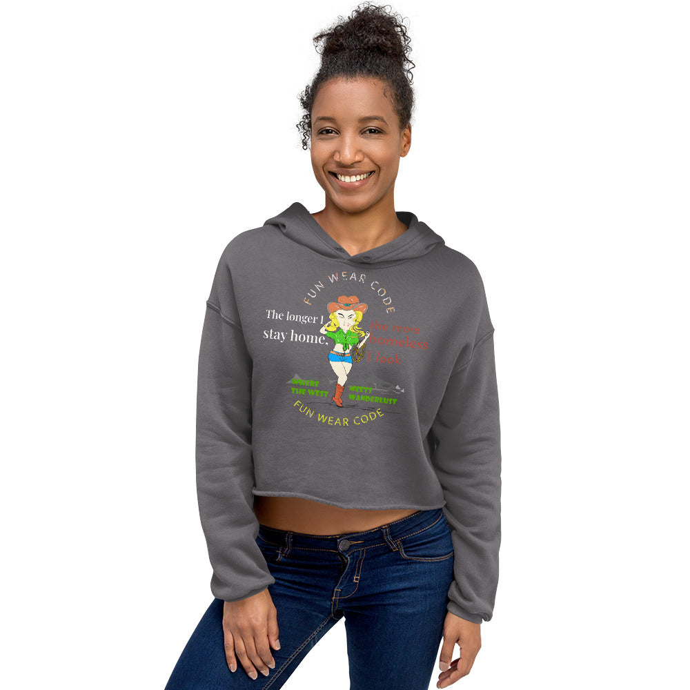 Woman wearing a 'Fun Wear Code' branded gray hoodie with a cowgirl graphic design on a white background