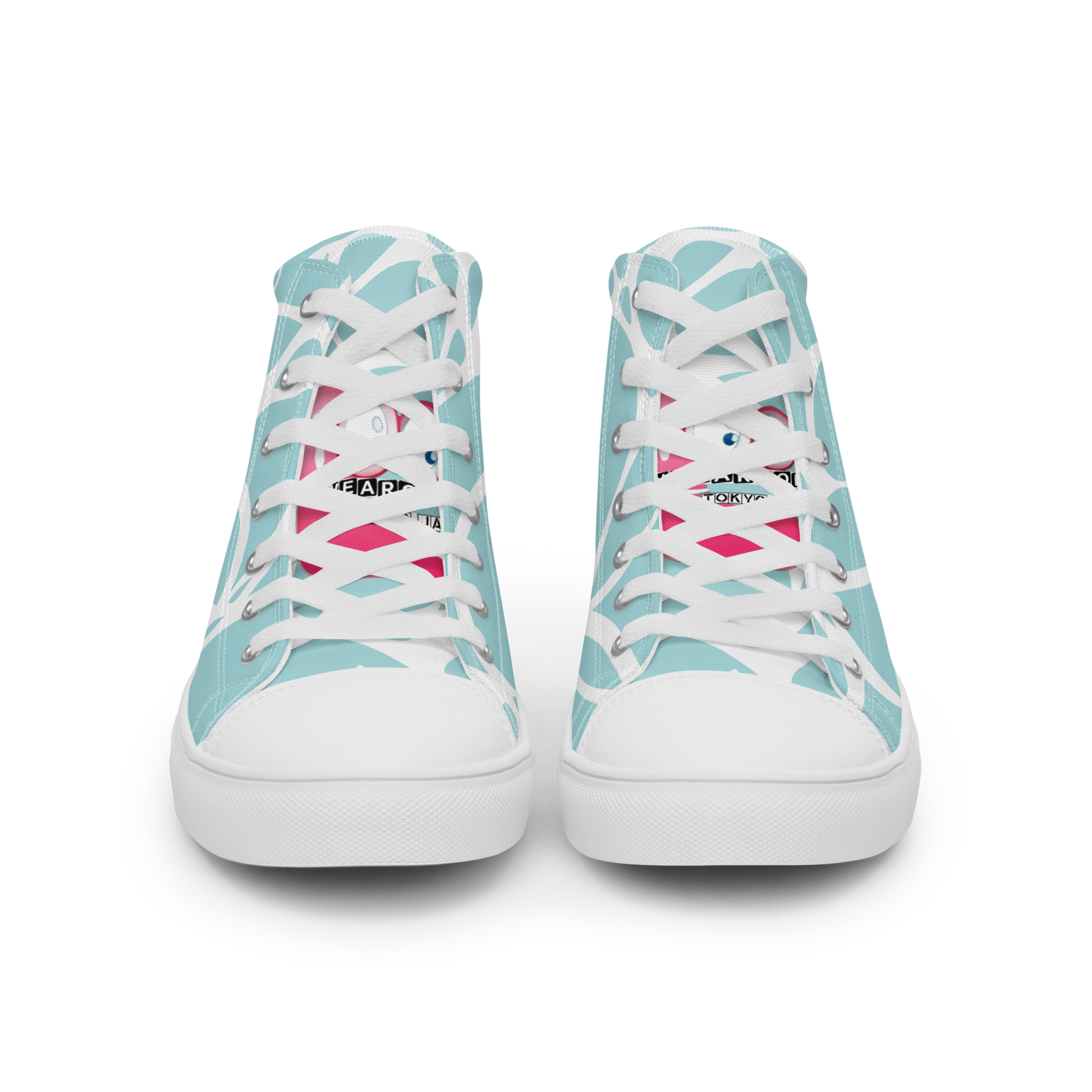 Pair of light blue sneakers with white laces, featuring a brand graphic of 'Funwearcode' on a white background