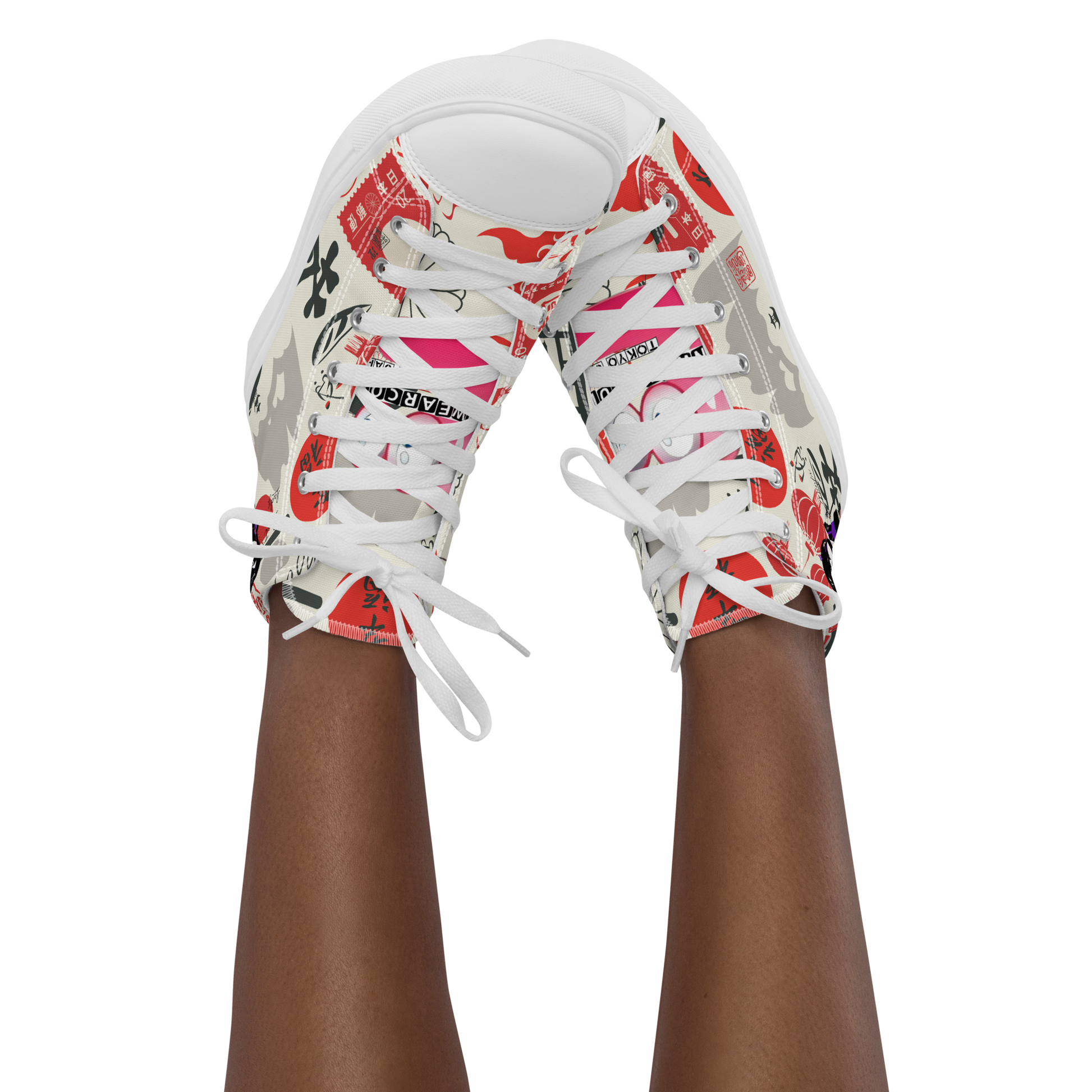 Colorful high-top sneakers with Japanese iconic graphic design on a white background, featuring text labels 'Funwearcode'.