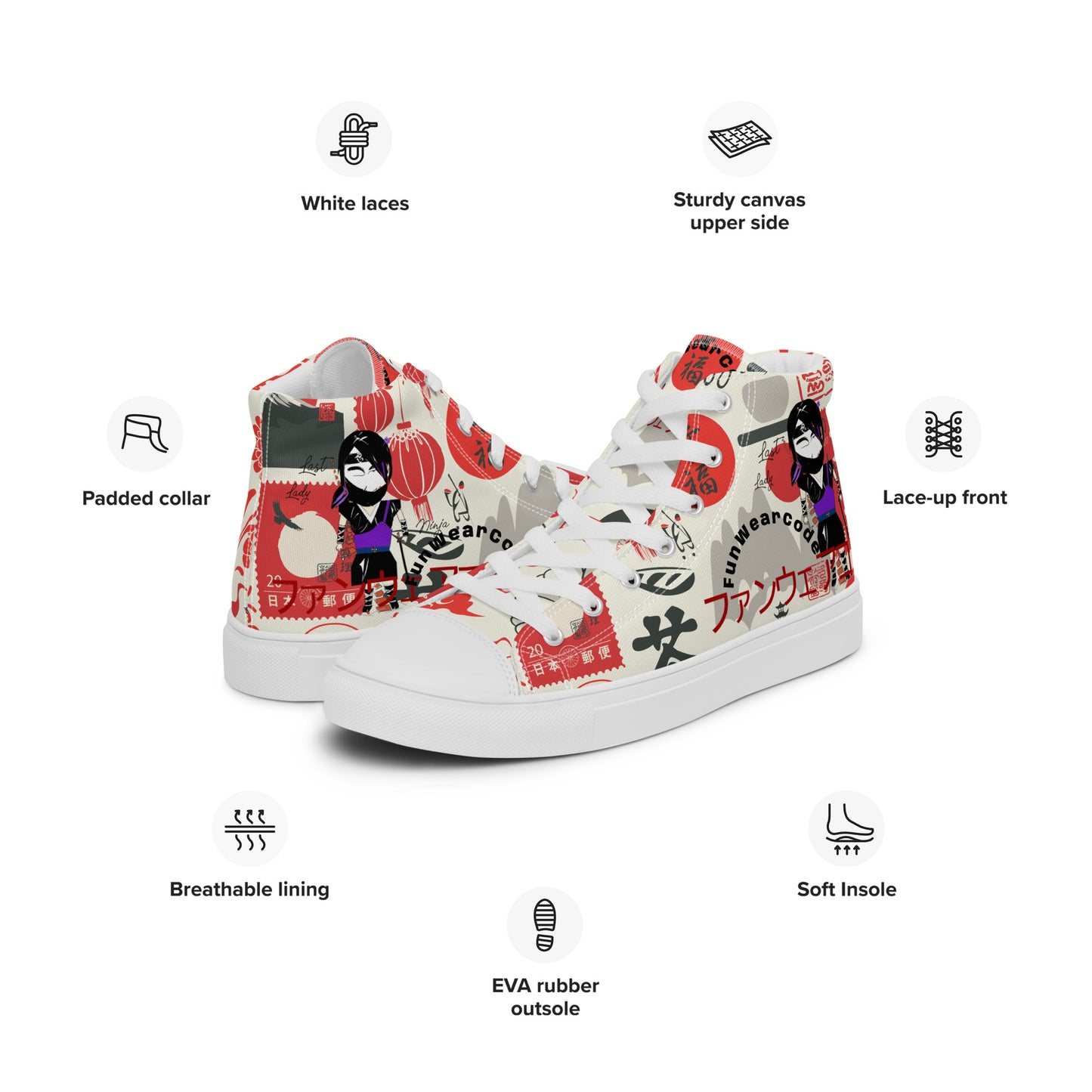high-top sneakers with colorful Japanese-themed graphic design, and with a ninja graphic and 'Fun Wear Code' text logo on a white background