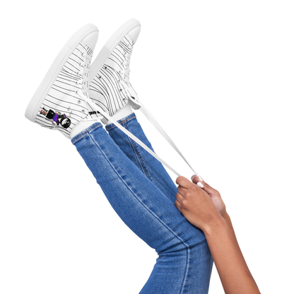 White stripe sneakers with a ninja graphic design on a white background