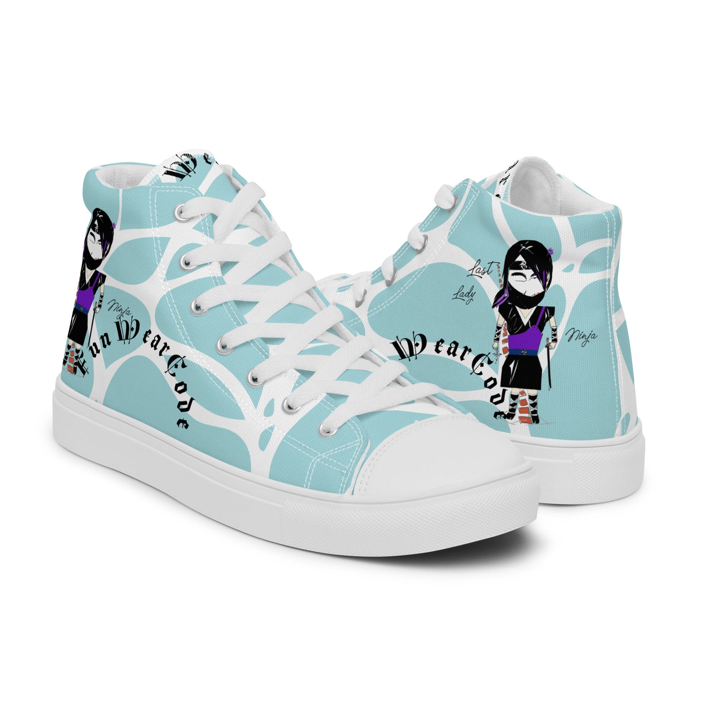 Pair of high-top sneakers with a ninja graphic and 'Fun Wear Code' text logo on a light blue background